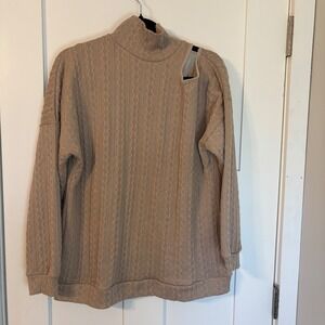 Grace & Emma Tan Cable Knit Mock Neck Sweater Womens M Cold Shoulder Cutout Cozy
